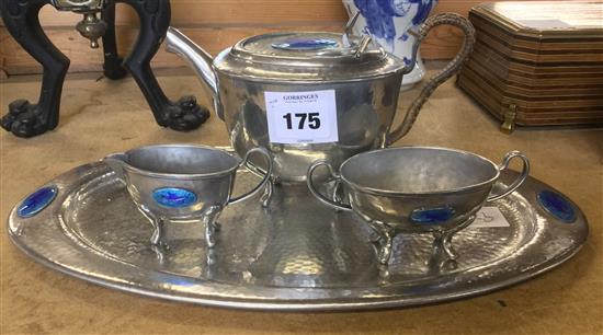 Three piece pewter & enamel teaset